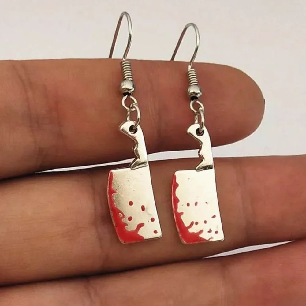 Brand new Halloween horror quirky bloody butcher knife earrings